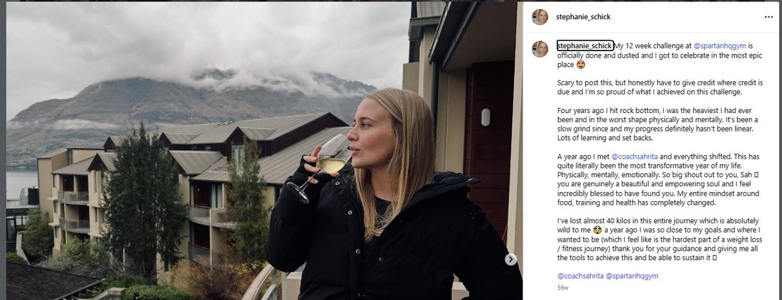 Stephanie's original Instagram post crediting Coach Sah for her 12-week challenge results