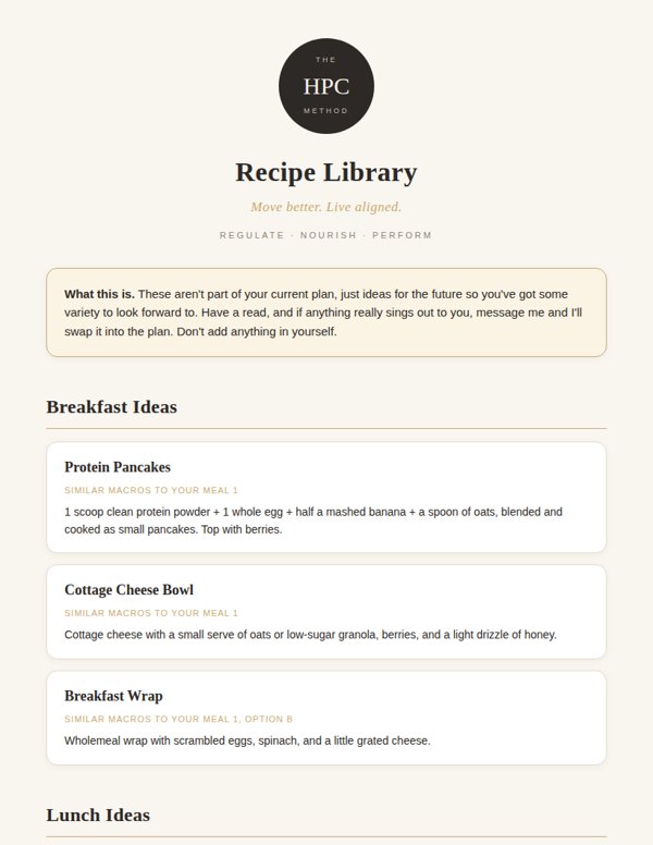 Example recipe library with breakfast, lunch, dinner and snack ideas