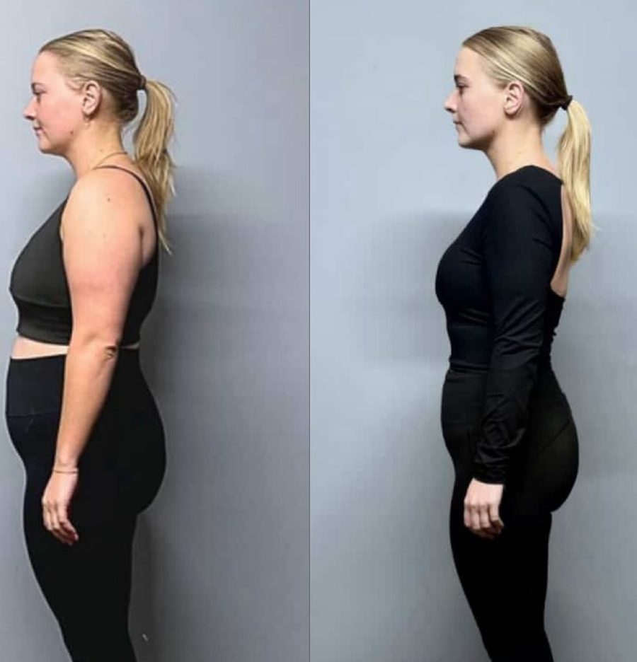 Stephanie's before and after side profile photos from her 12-week challenge at Spartan HQ