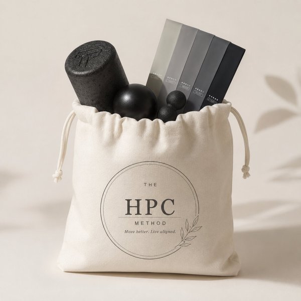 The HPC Method Mobility Reset Kit: foam roller, massage ball, resistance bands and muscle scraper in a canvas bag